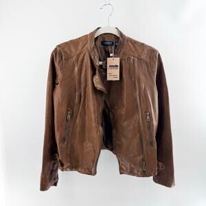 Lauren Ralph Lauren Long Sleeve Full Zip Moto Leather Jacket Brown Womens Size 6